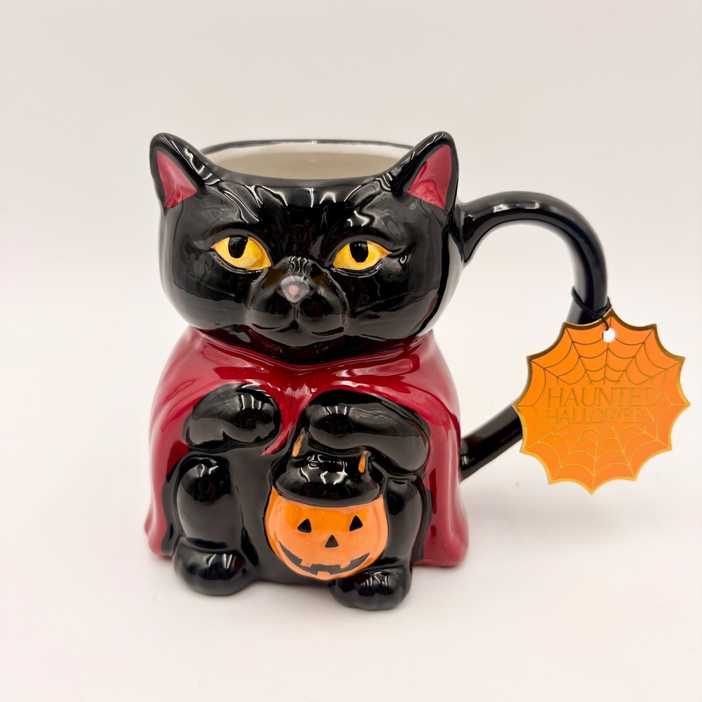 Haunted Halloween Black Cat Vampire Figural Mug 21oz Ceramic Pumpkin Pail